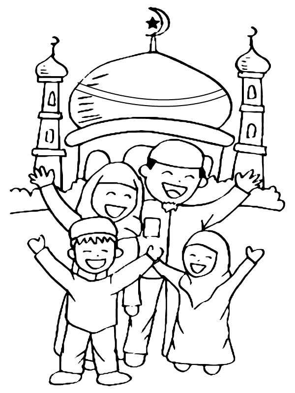 Happy Muslim Family in front of Mosque