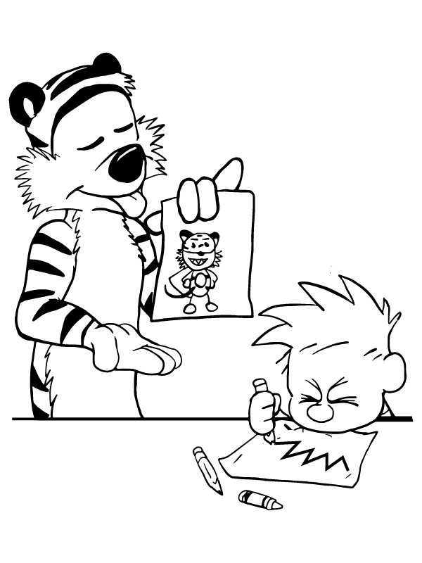 Hobbes Helping Calvin Practice Drawing