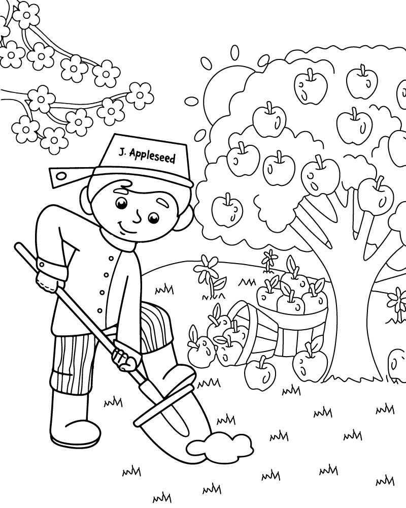 Johnny Appleseed apple harvest coloring page