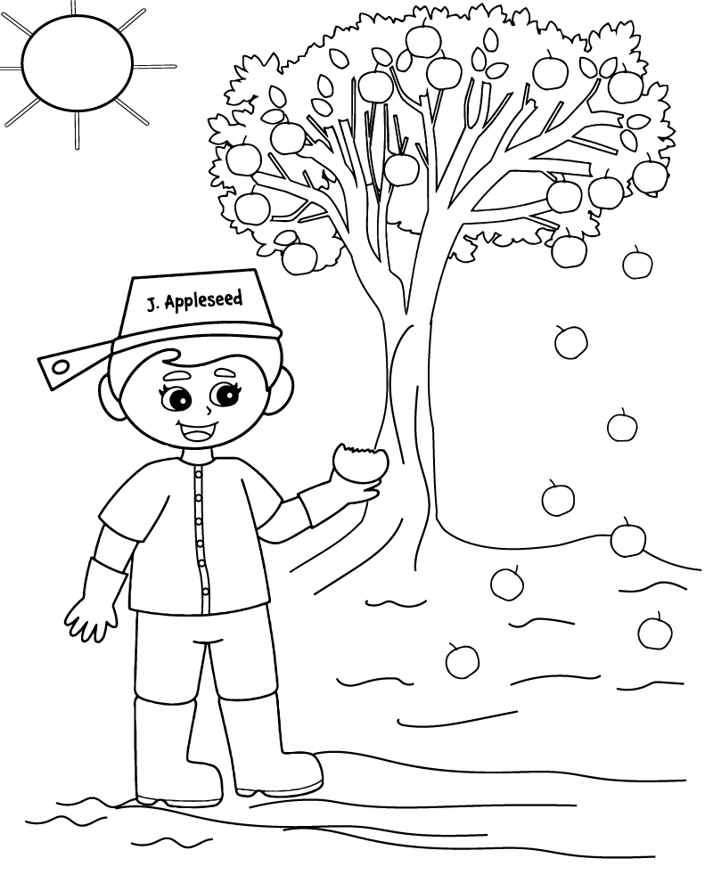 Johnny Appleseed apple tree coloring page