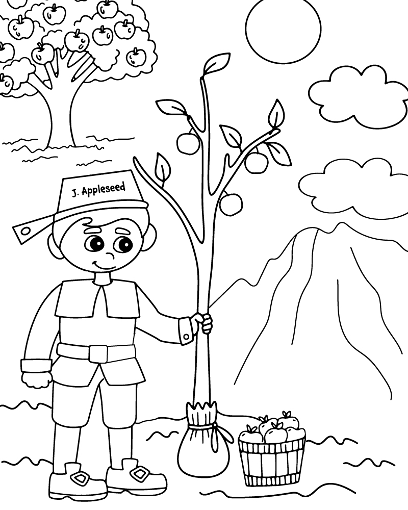 Johnny Appleseed planting seeds coloring page