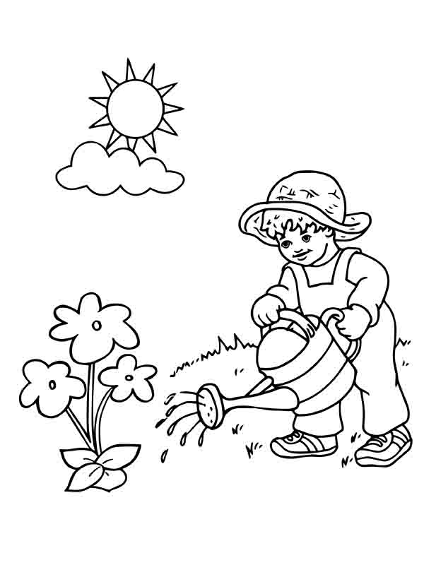 Kid Watering the Garden Coloring Page