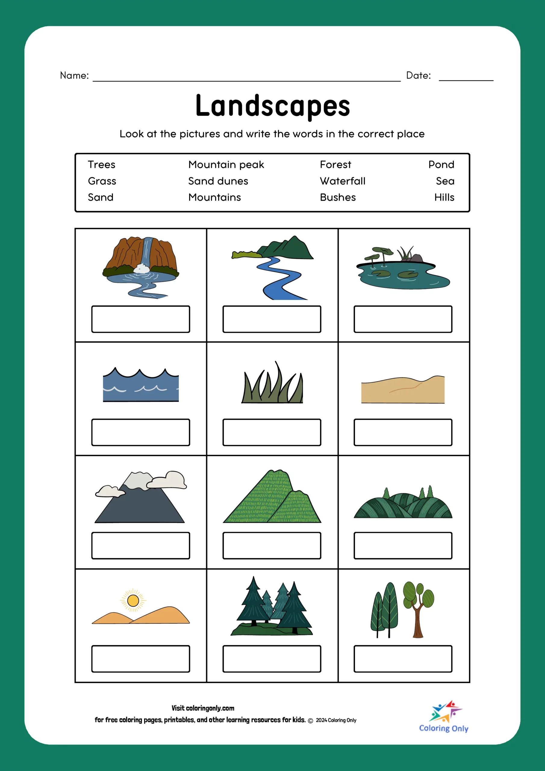 Landscapes Free Printable Worksheet
