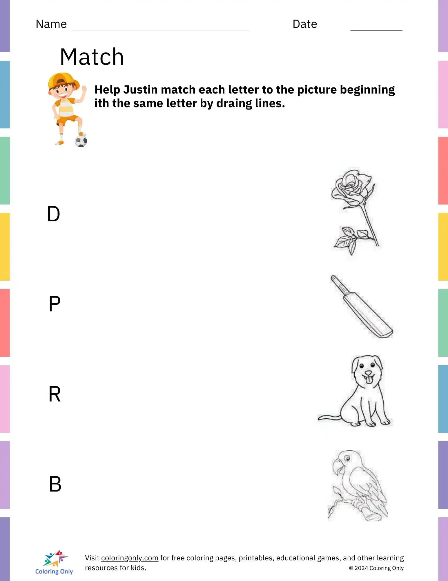Learn phonics with Justin by matching letters and pictures in this free printable worksheet.