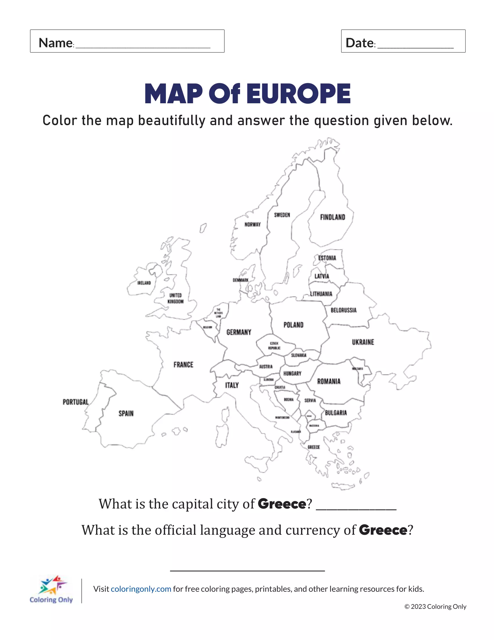 Map of Europe Free Printable Worksheet