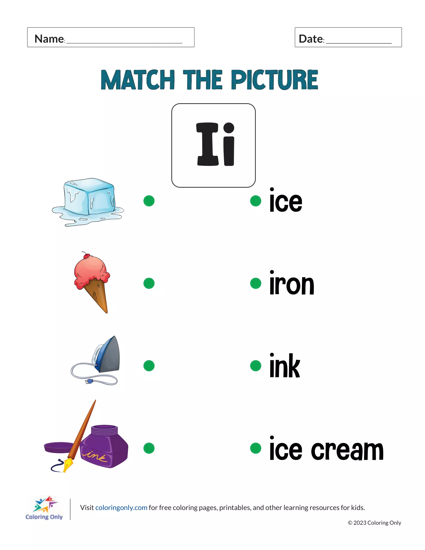 Match the Picture Free Printable Worksheet
