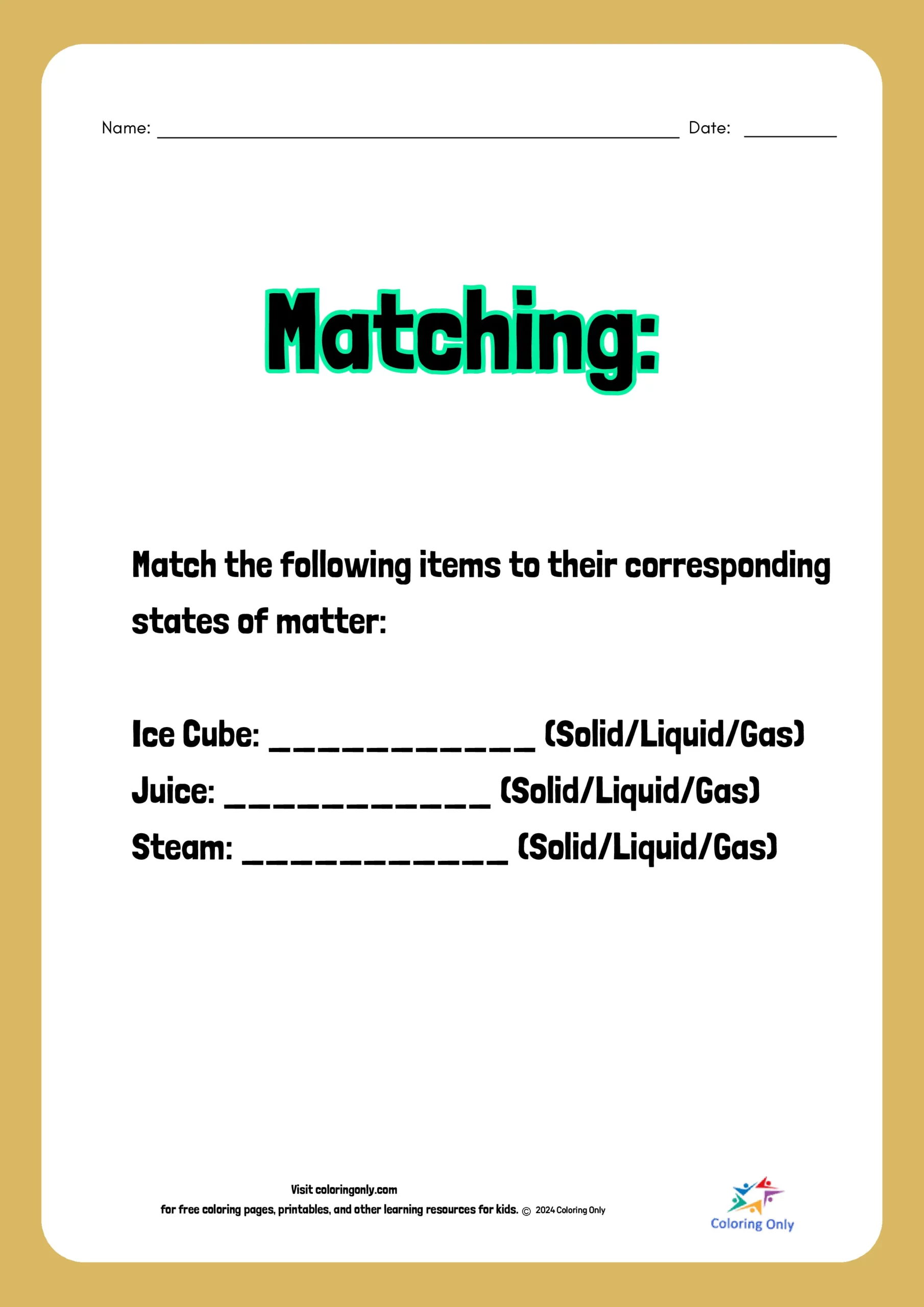 Matching Free Printable Worksheet