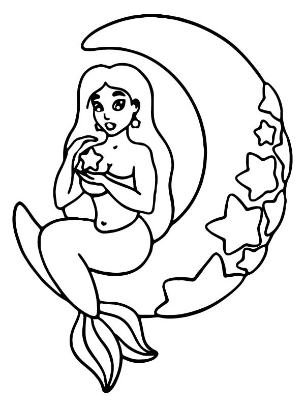 Mermaid Sitting on Moon with Stars