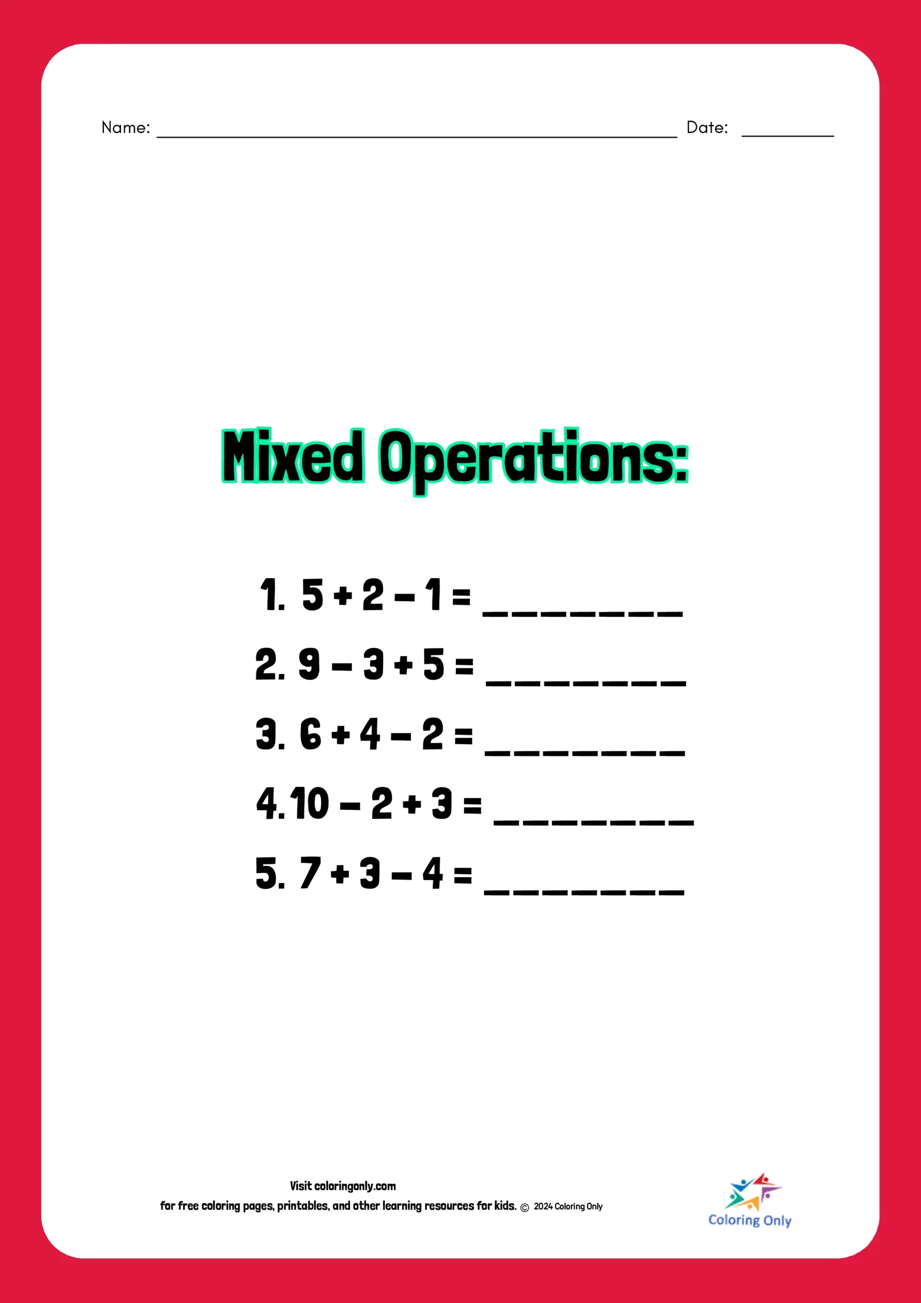 Mixed Operations Free Printable Worksheet