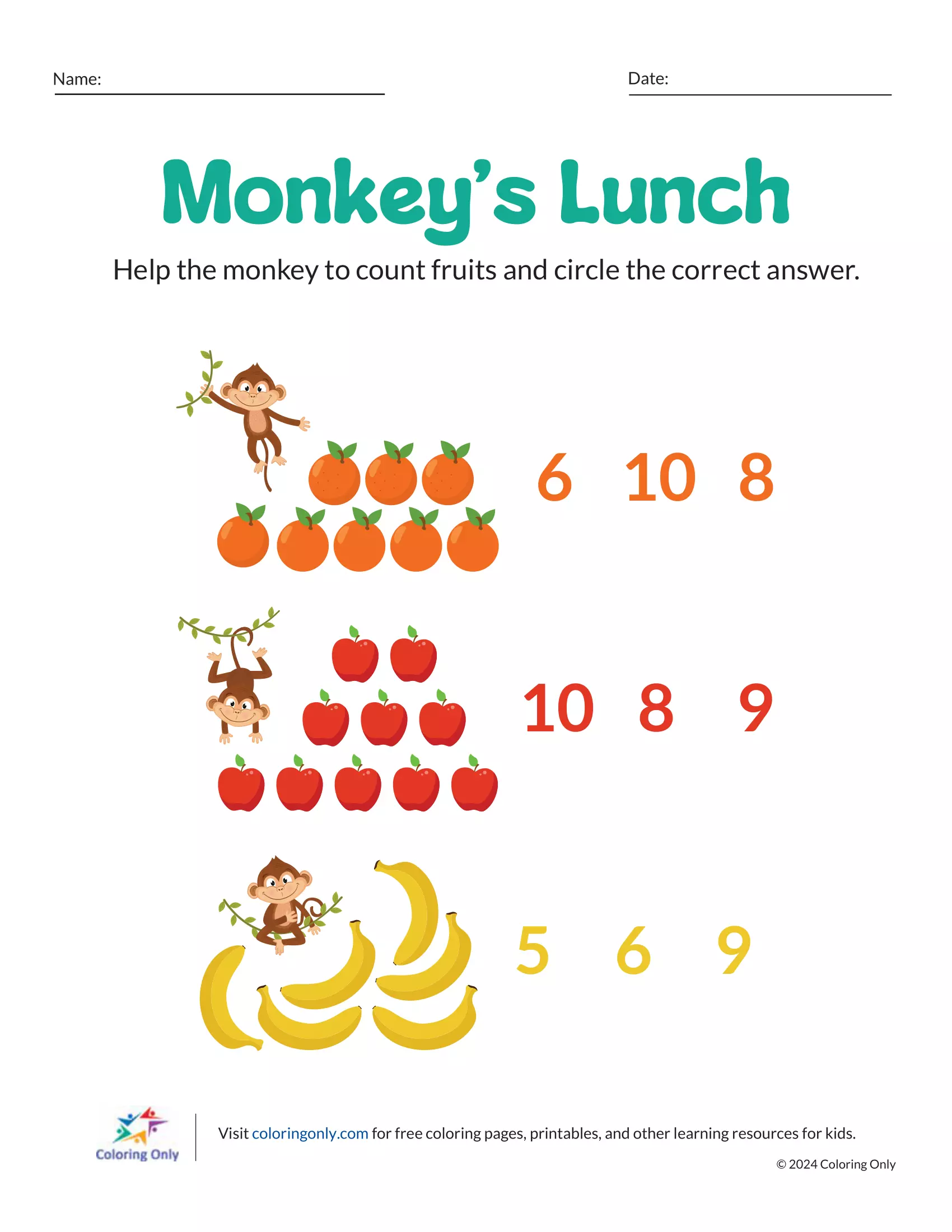 Engage preschoolers with the free printable worksheet "Monkey's Lunch" to practice counting and number recognition in a fun, fruity setting!