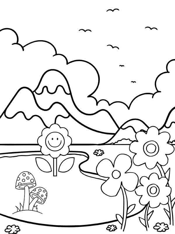 Mountains and Garden Flowers Coloring Page