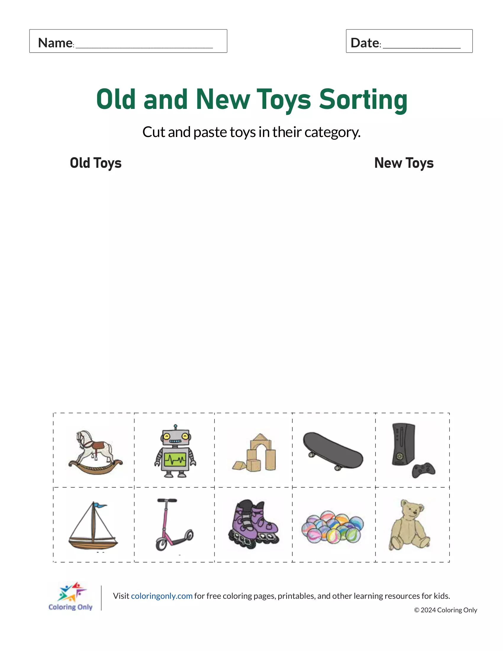 Old and New Toys Sorting Free Printable Worksheet