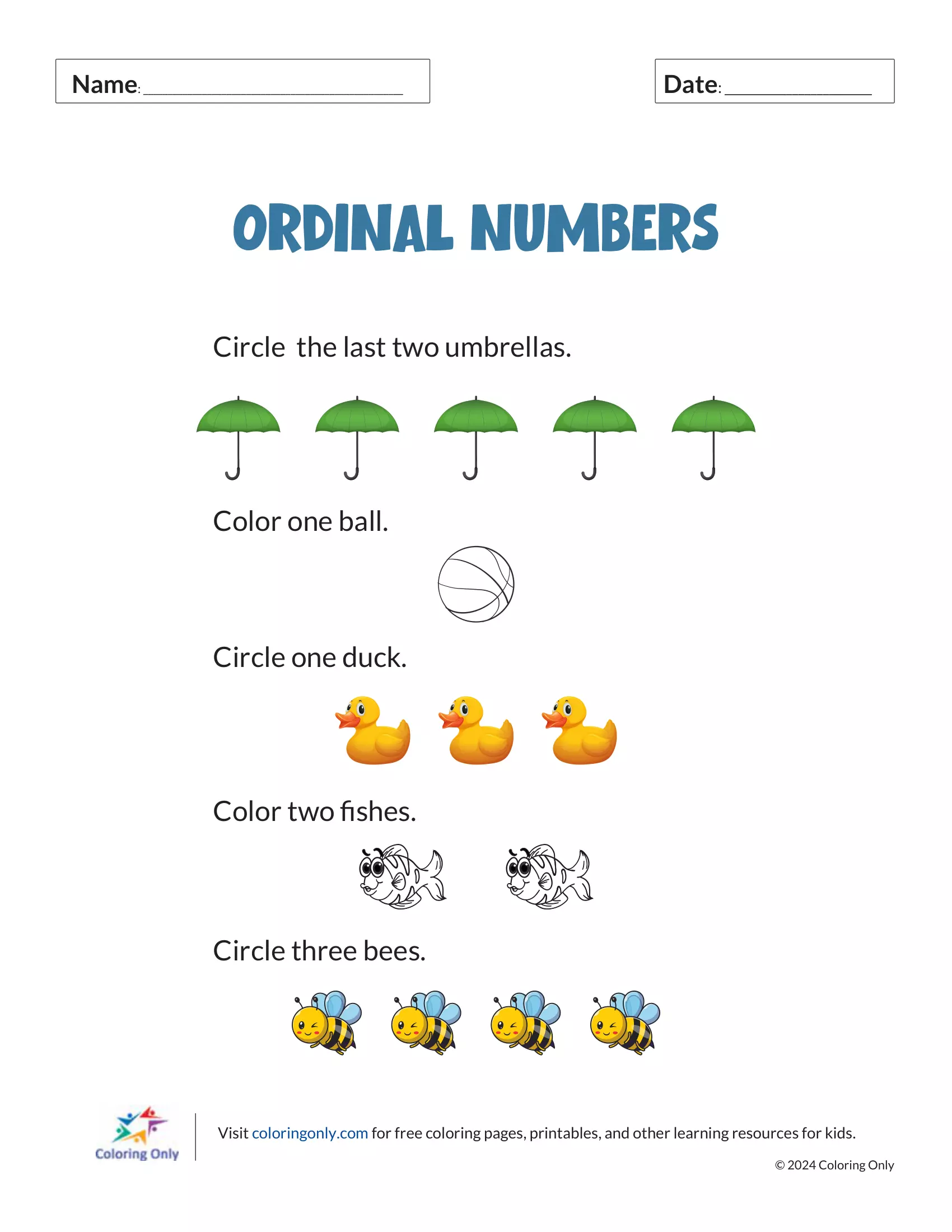Teach kids ordinal numbers and early counting with this colorful "ORDINAL NUMBERS" free printable worksheet. Perfect for preschoolers to enhance fine motor skills and recognition.
