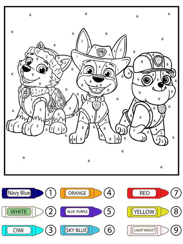 Paw Patrol Skye, Rocky, and Rubble Color by Number