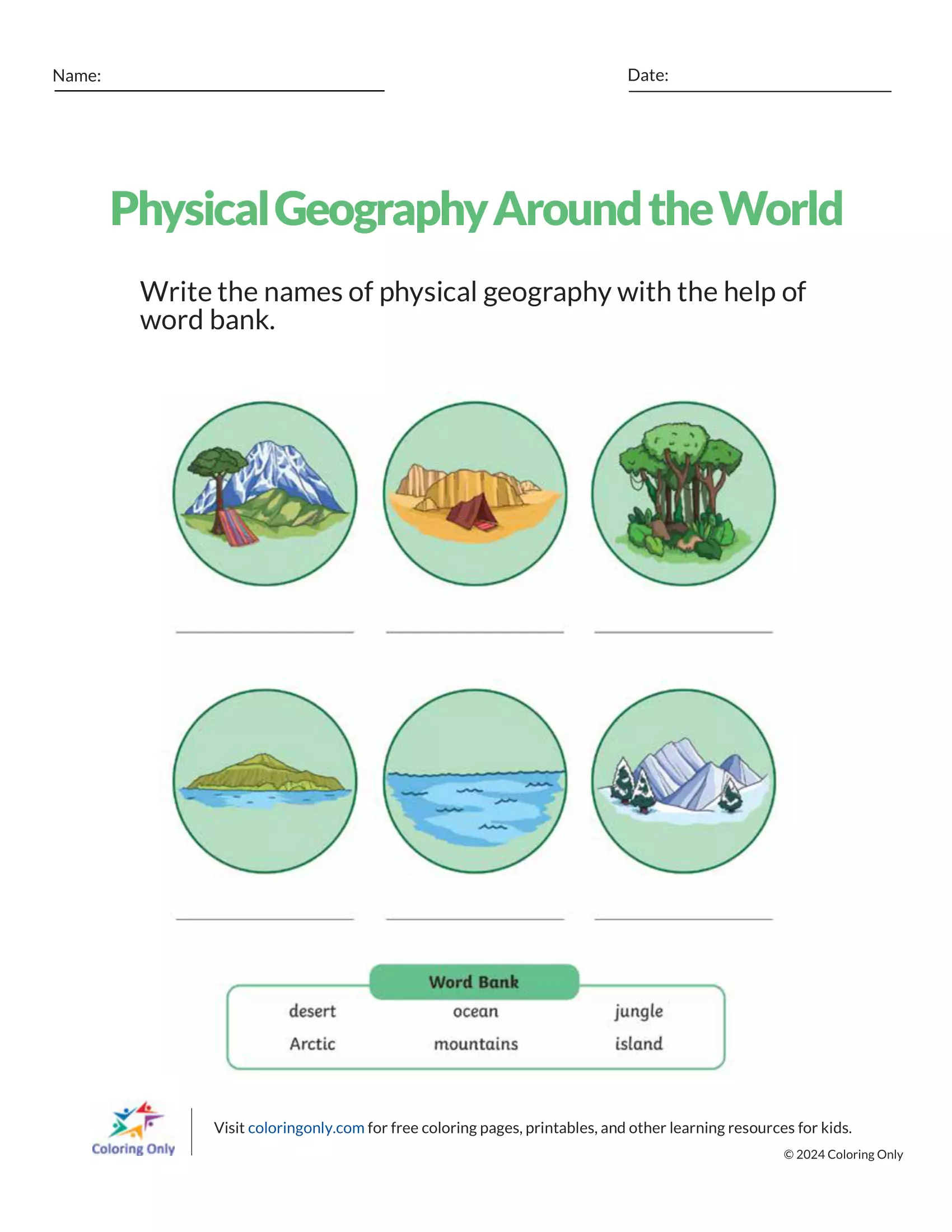 Physische Geographie auf der ganzen Welt Kostenloses druckbares Arbeitsblatt