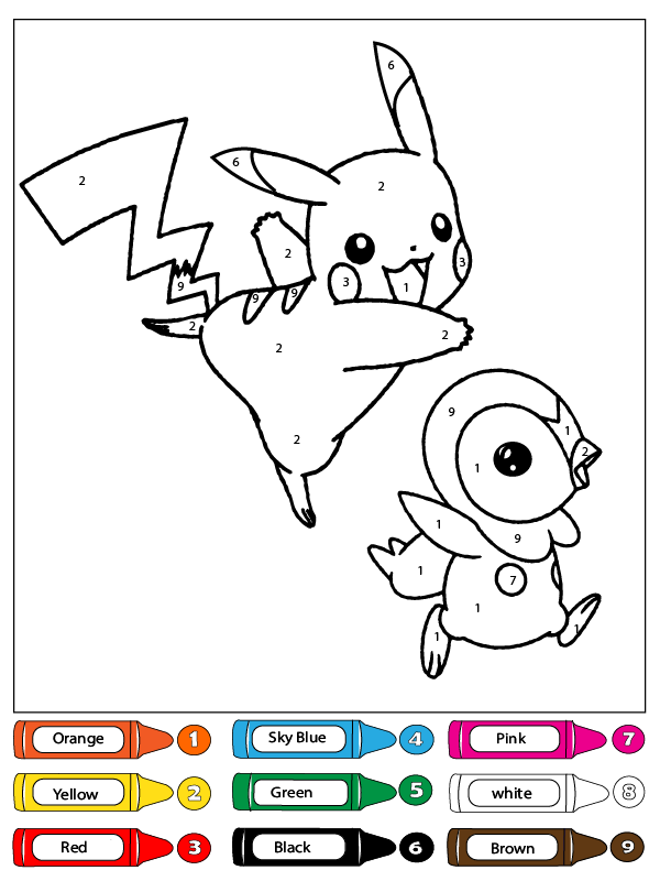 Pikachu Chasing Piplup Color by Number