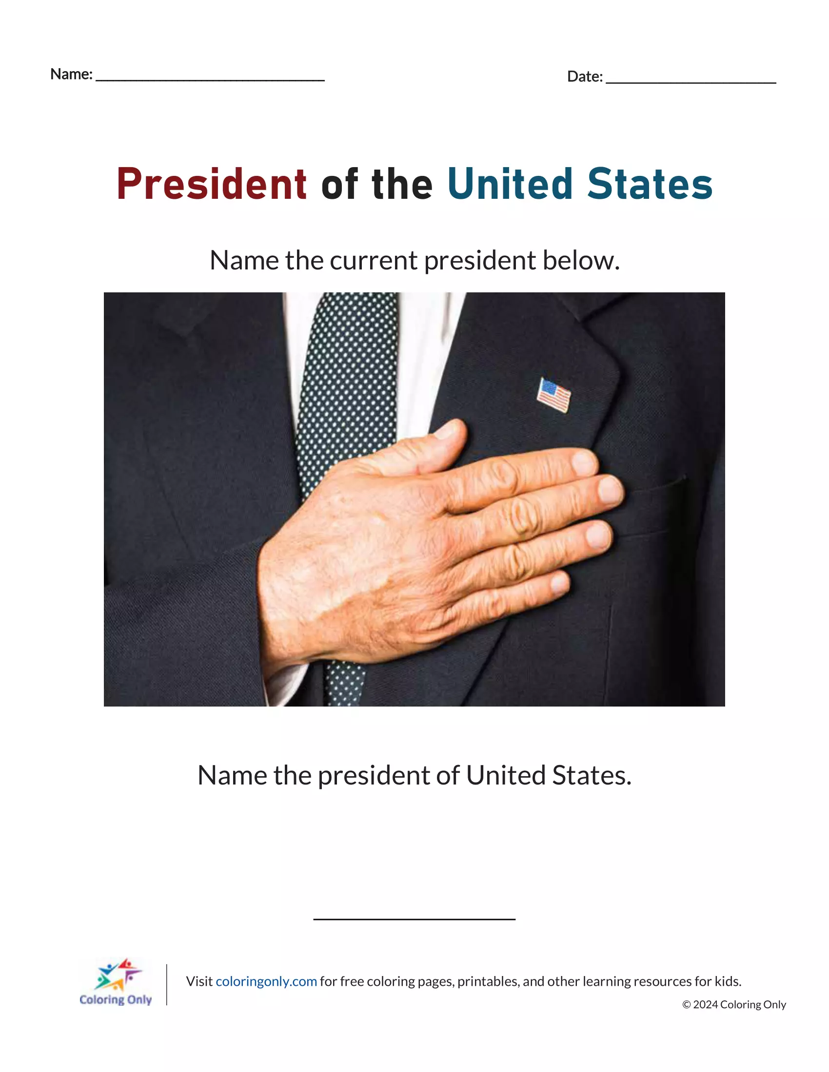 President of the United States Free Printable Worksheet