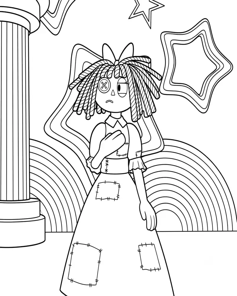 Sad Ragatha with red yarn hair on circus stage Coloring Page