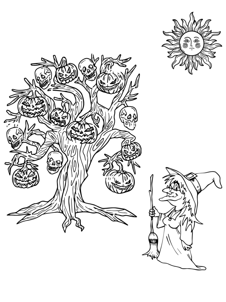 Gruselige Hexe und Kürbisbaum