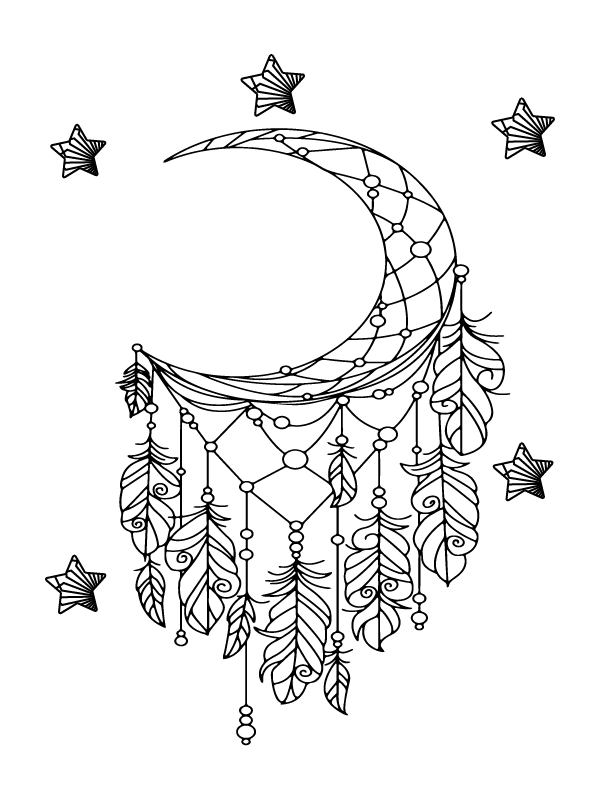 Serene Boho Delight Moon Star Feather Coloring Page