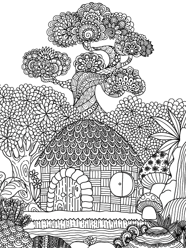Serene Nature Mandala House Design Coloring Page