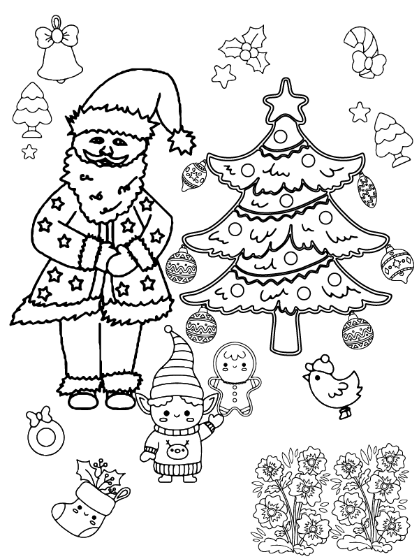 Simple Christmas Tree and Santa Themed Coloring Page