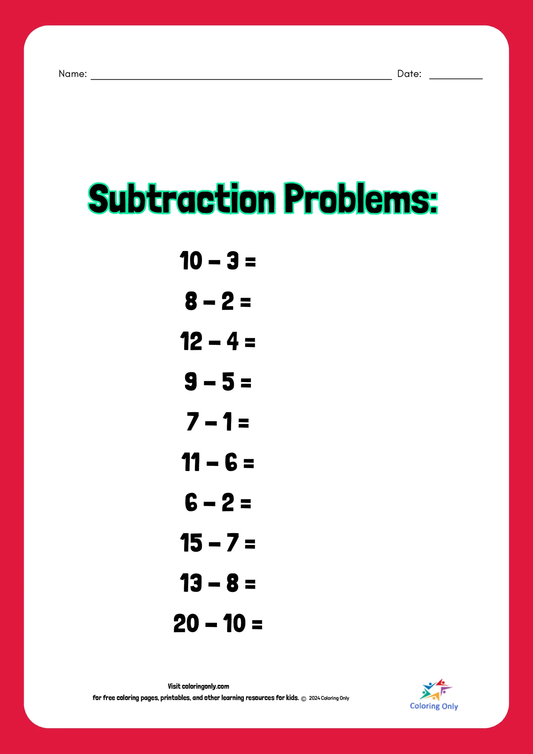 Subtraction Problems Free Printable Worksheet