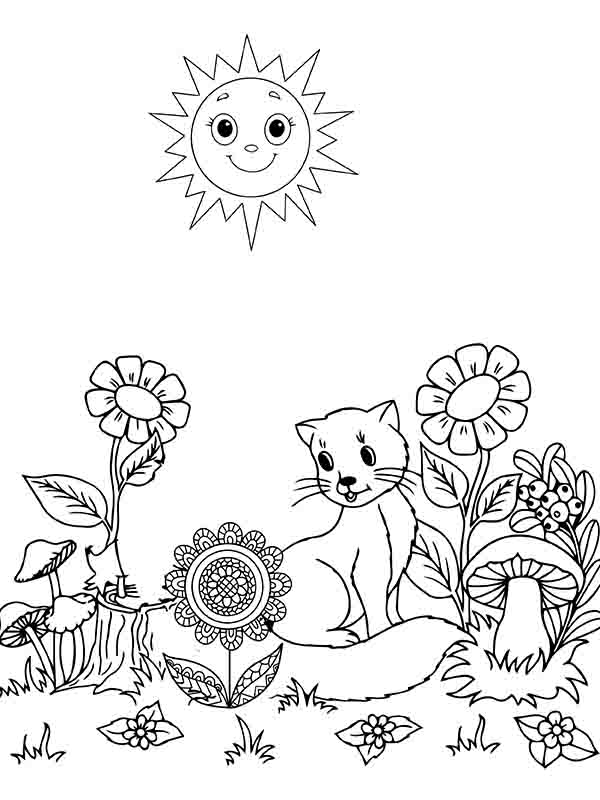Sun and Cute Kitten in the Garden Coloring Page