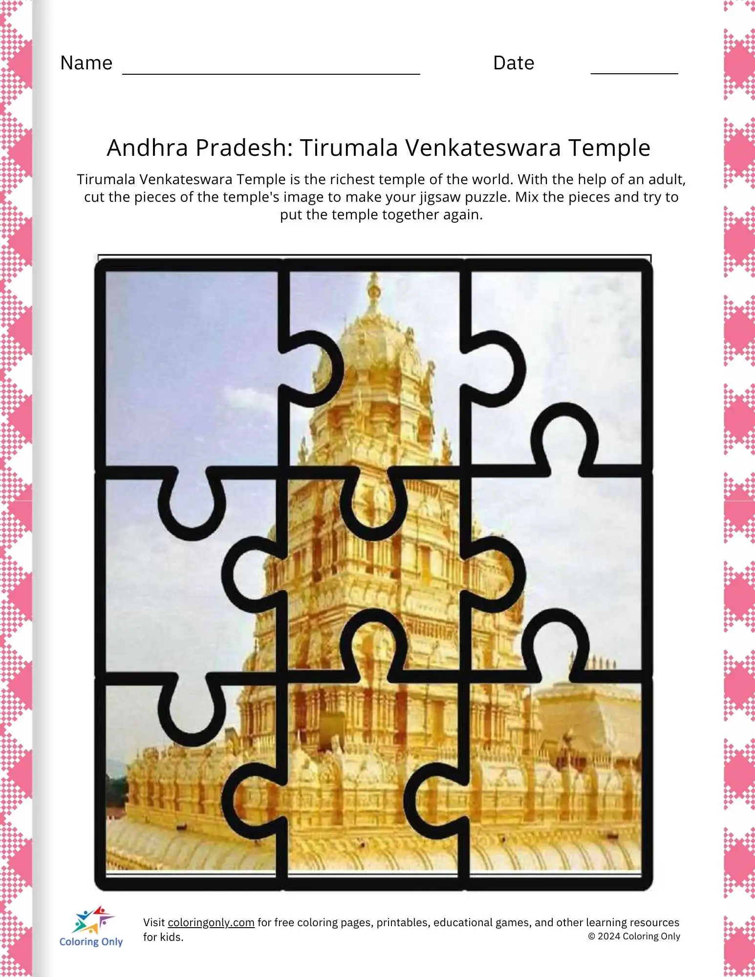 Create a unique puzzle with the Tirumala Venkateswara Temple image, a fun, free printable worksheet.