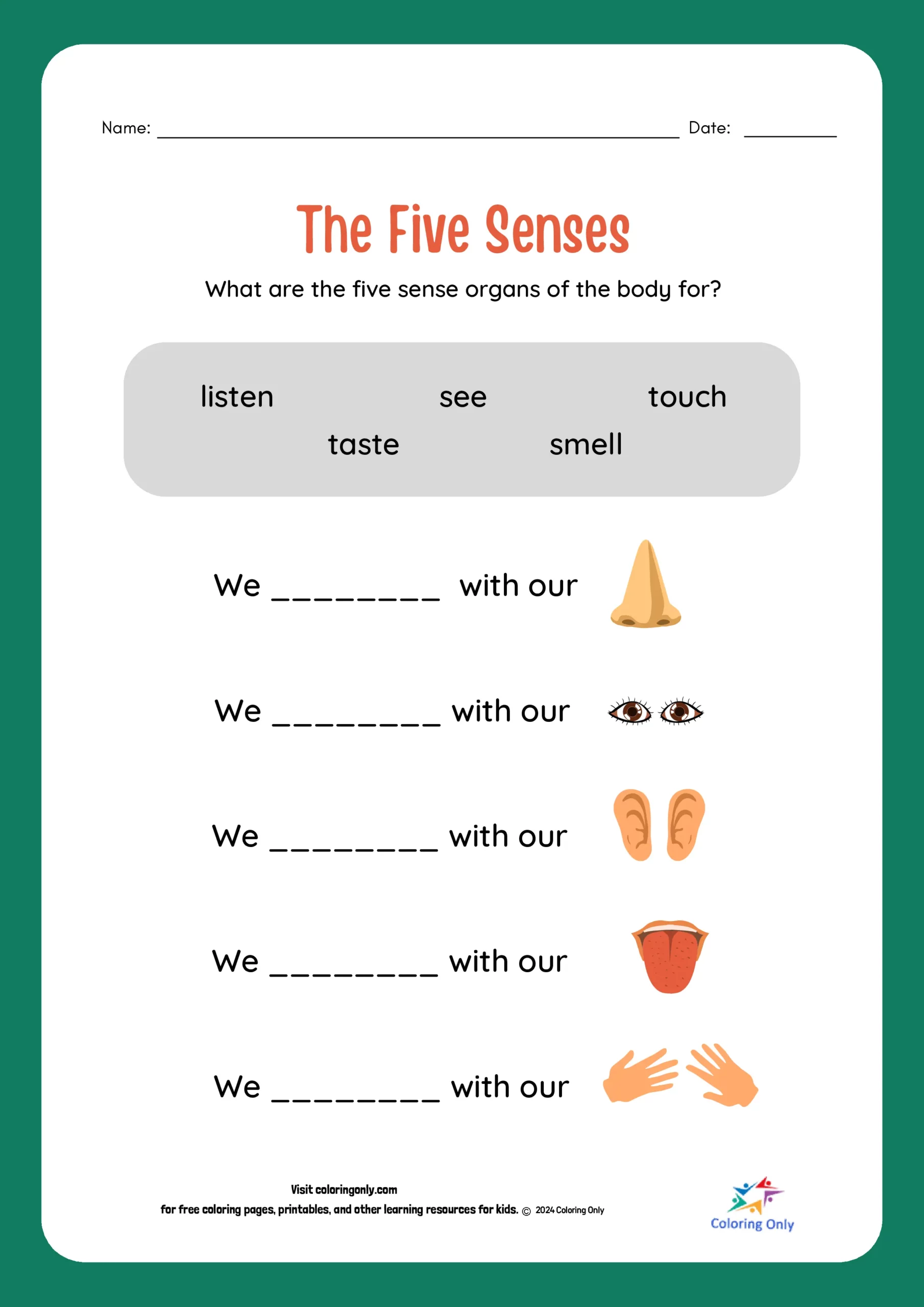 The Five Senses Free Printable Worksheet