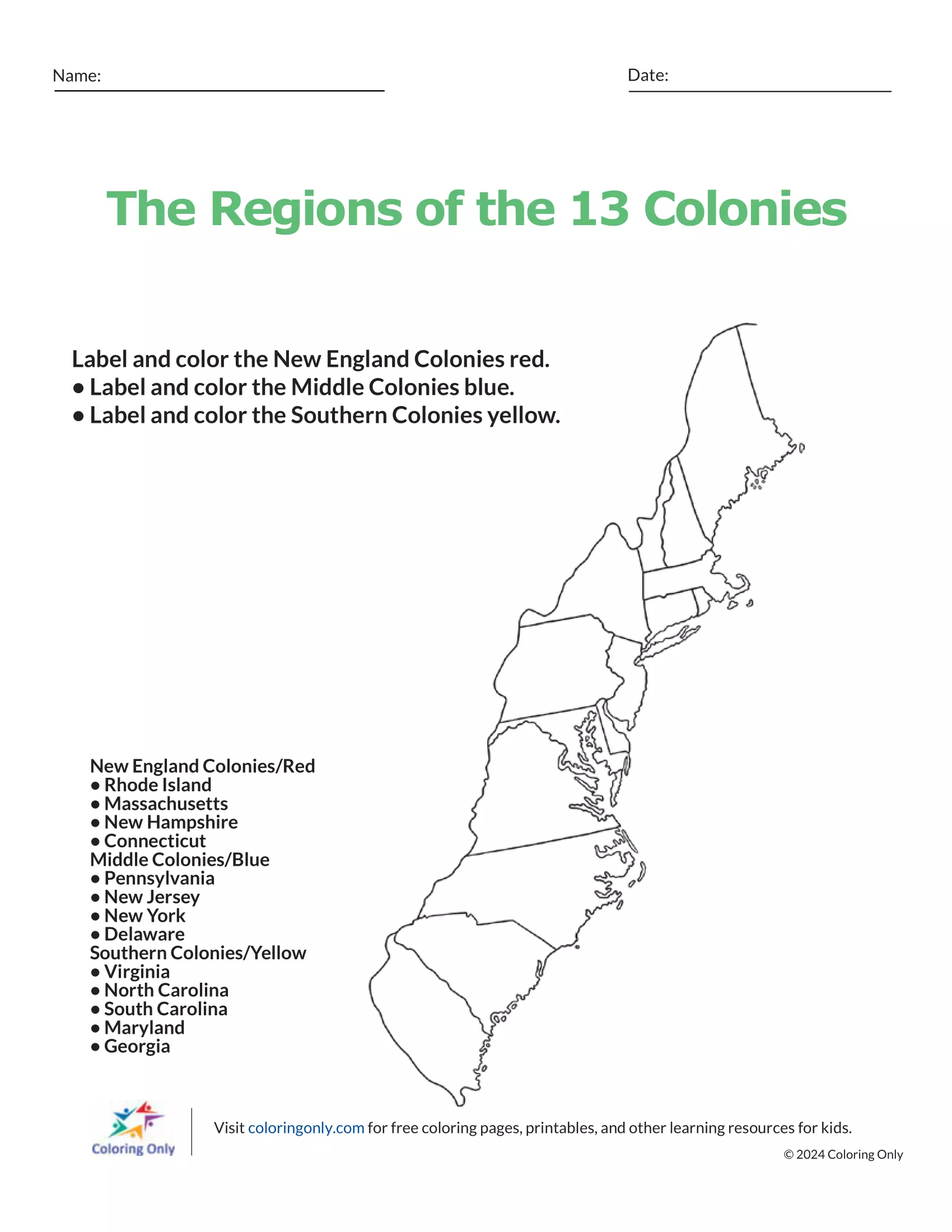 The Regions of the 13 Colonies Free Printable Worksheet