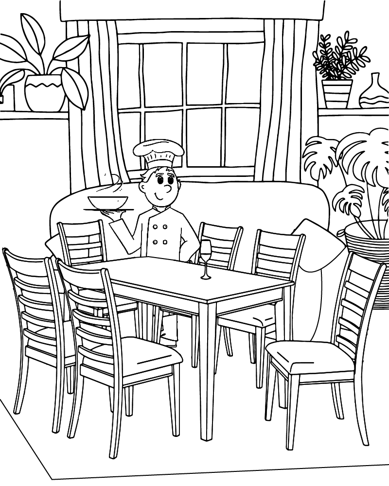 Waiter in Cozy Restaurant Coloring Page