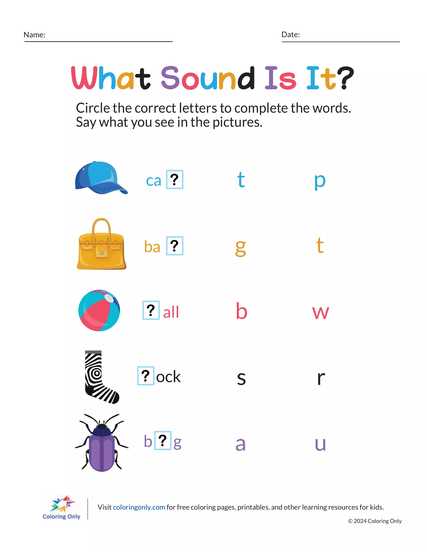Spark early reading skills with this free printable phonics worksheet for preschoolers, titled "What Sound Is It?".
