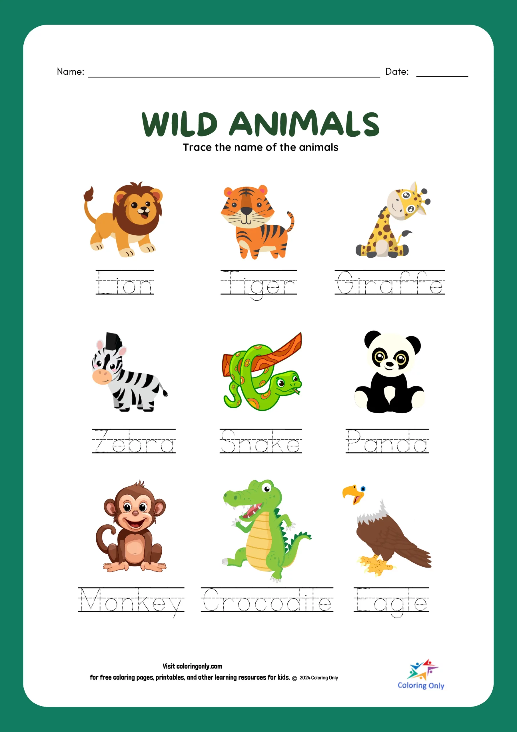 Wild Animals Free Printable Worksheet