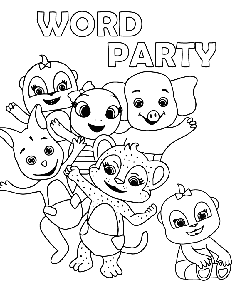 Word Party Characters Coloring Sheet for Kids