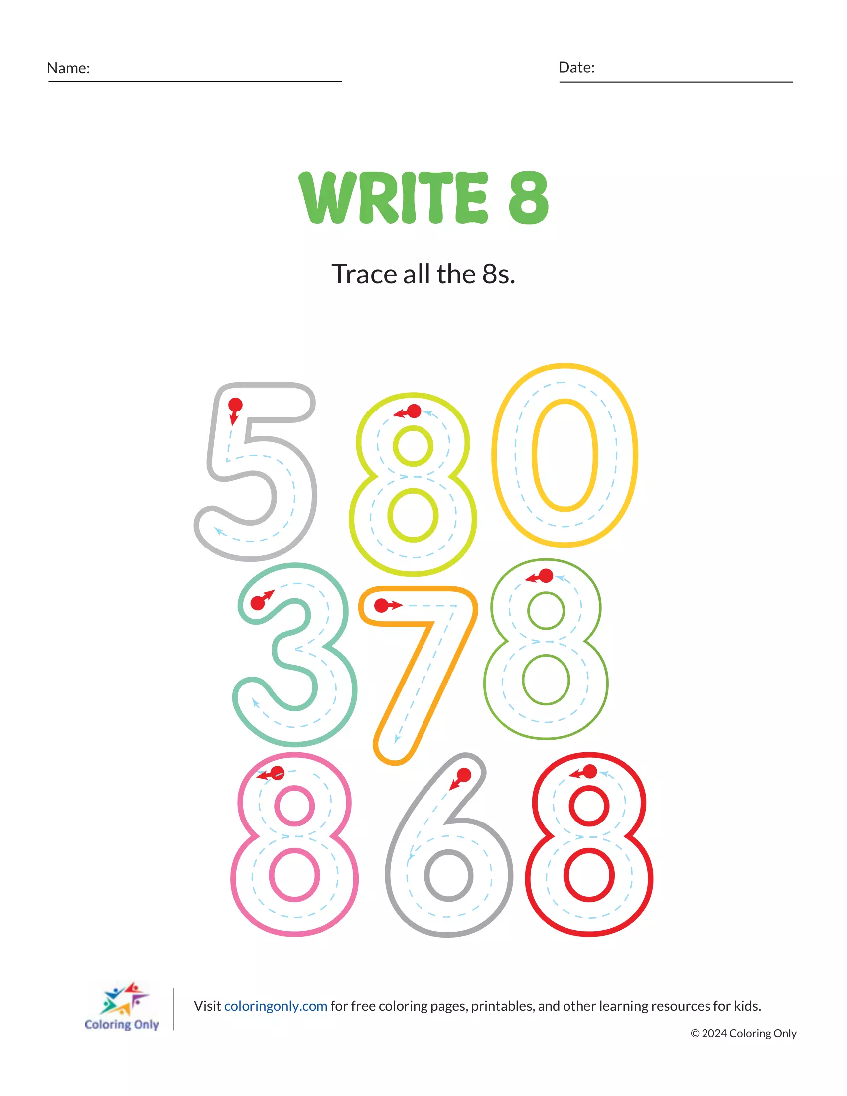 Perfect your preschooler's numeral recognition with our free printable worksheet, focused on tracing and writing the number 8.