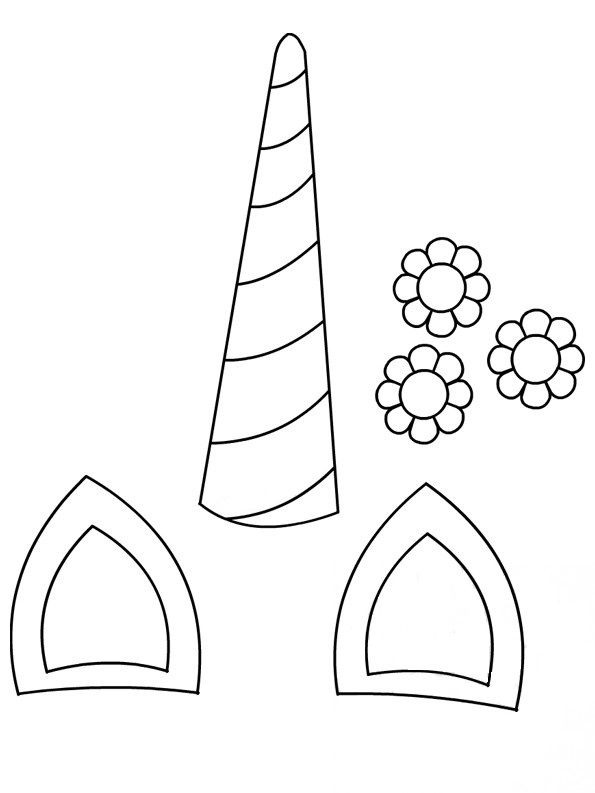 Unicorn Horn, Ears And Flowers Coloring Page Free Printable Coloring