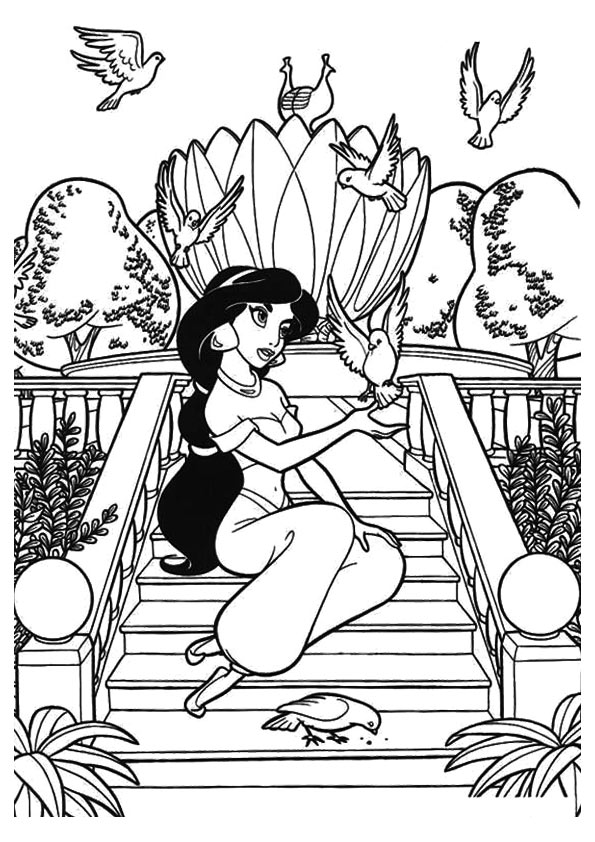 Princess Jasmine With Birds Coloring Page - Free Printable Coloring