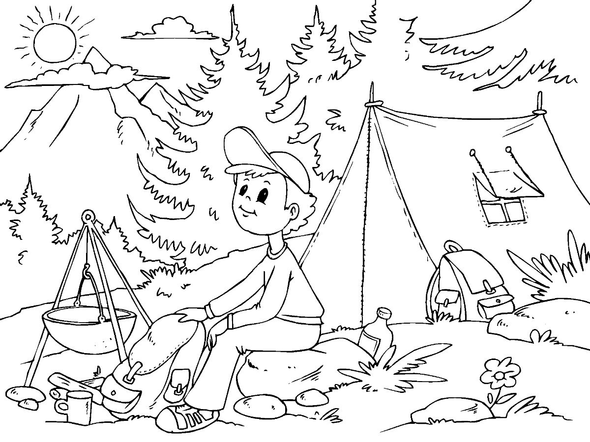 Boy Camping Färbung Seite - Kostenlose druckbare Malvorlagen für Kinder