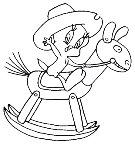 tweety playing wooden rocking horse coloring page  free