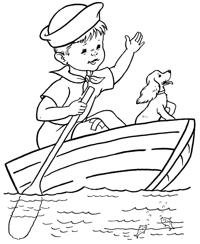 Boy, Dog On Row Boat Coloring Page - Free Printable Coloring Pages for Kids