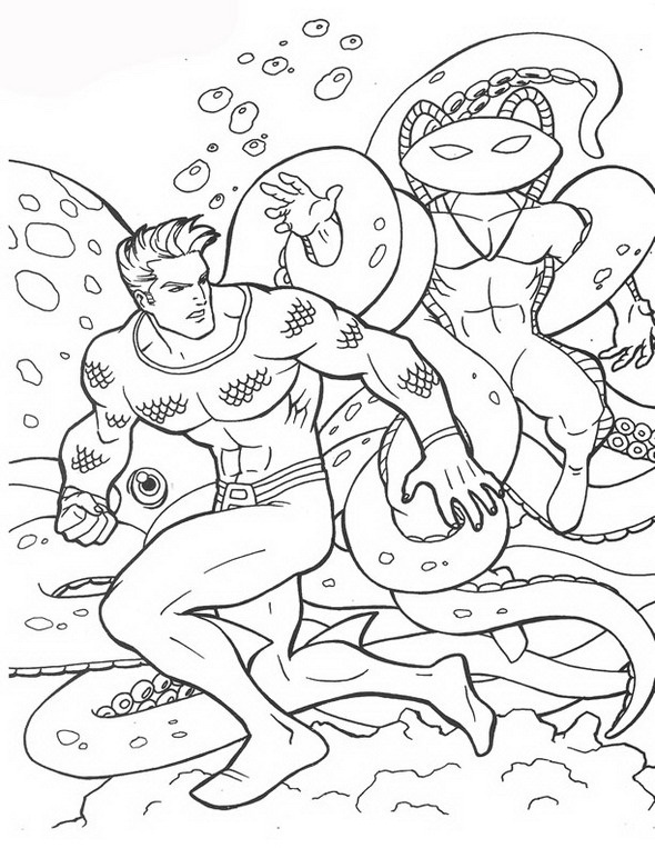 Aquaman With Octopus Fighting Black Manta Coloring Page - Free