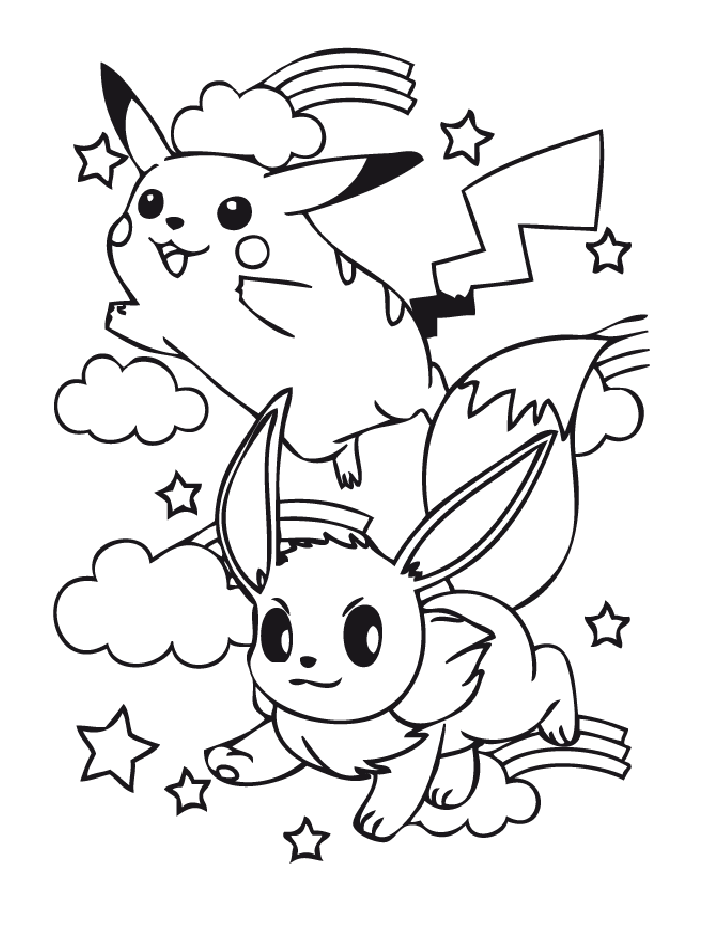 lovely eevee and pikachu coloring page  free printable