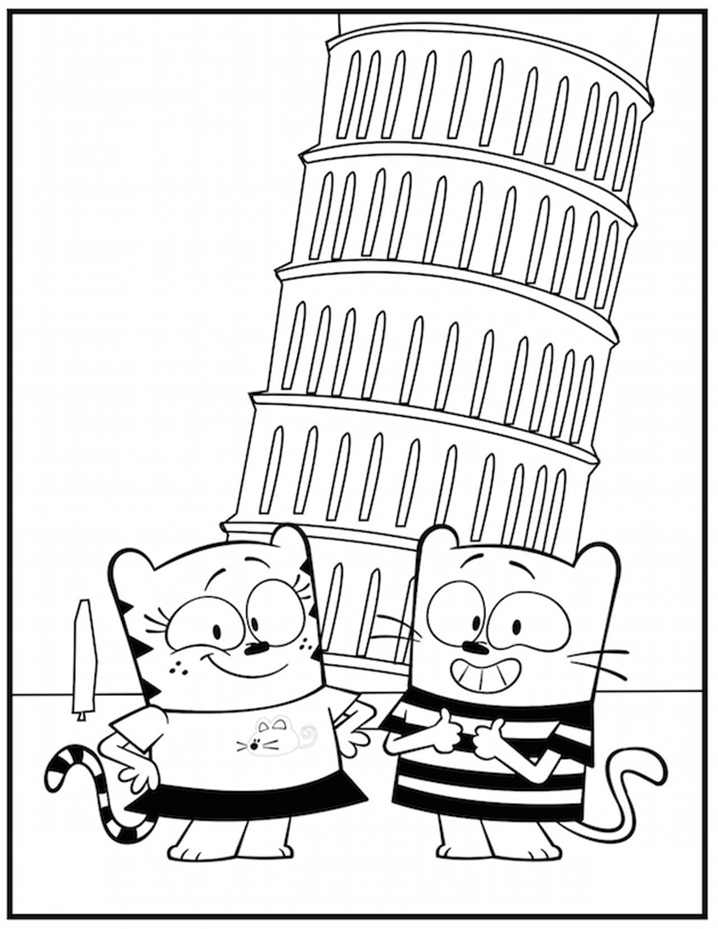 Ollie and Moon and Pisa Tower Coloring Page - Free Printable Coloring ...