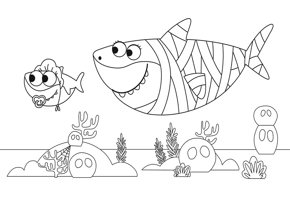 Baby Shark and Mummy Shark Coloring Page - Free Printable Coloring