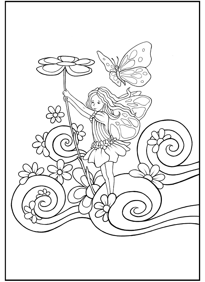 Little Fairy With Flowers And Butterfly Coloring Page Free Printable Coloring Pages For Kids
