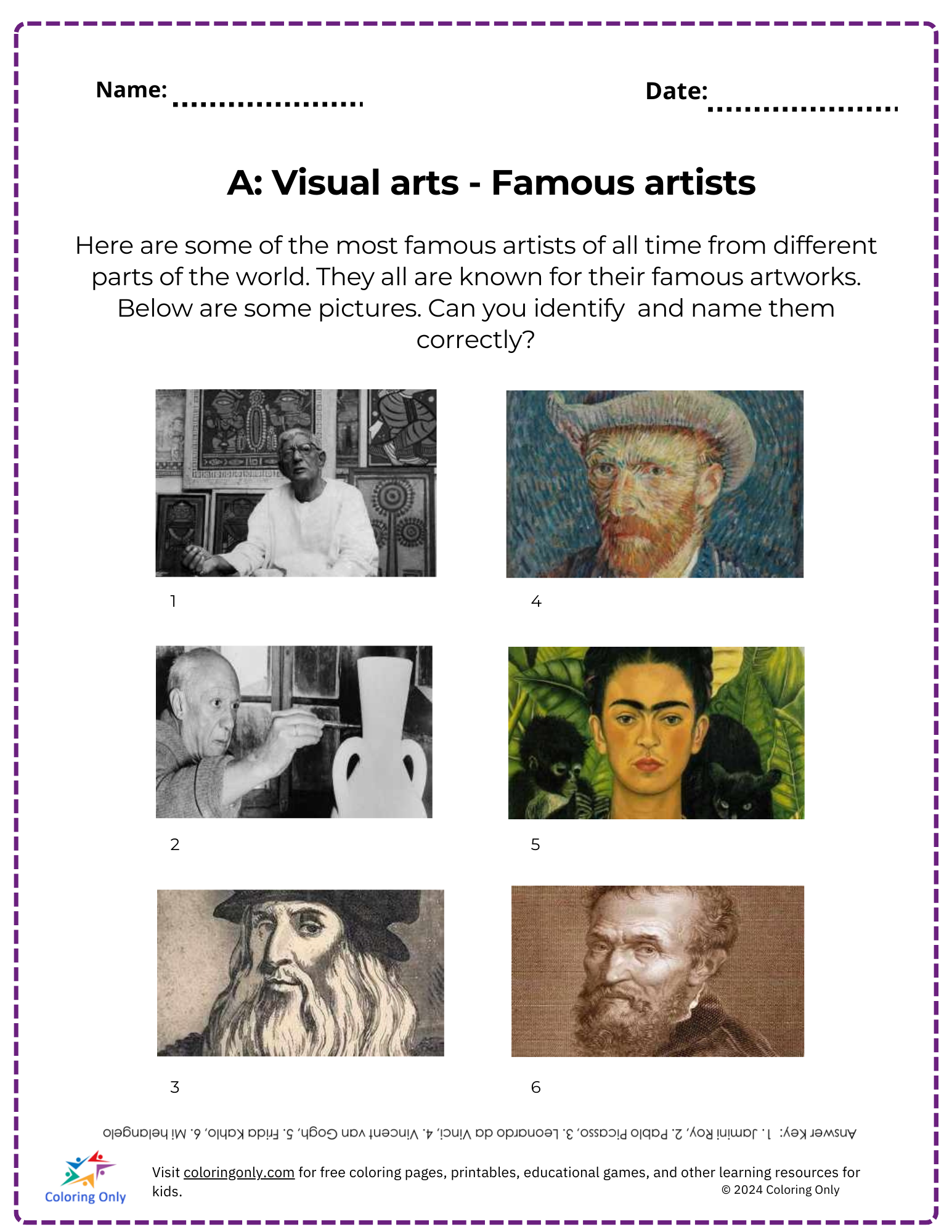 A: Visual arts – Famous artists Free Printable Worksheet