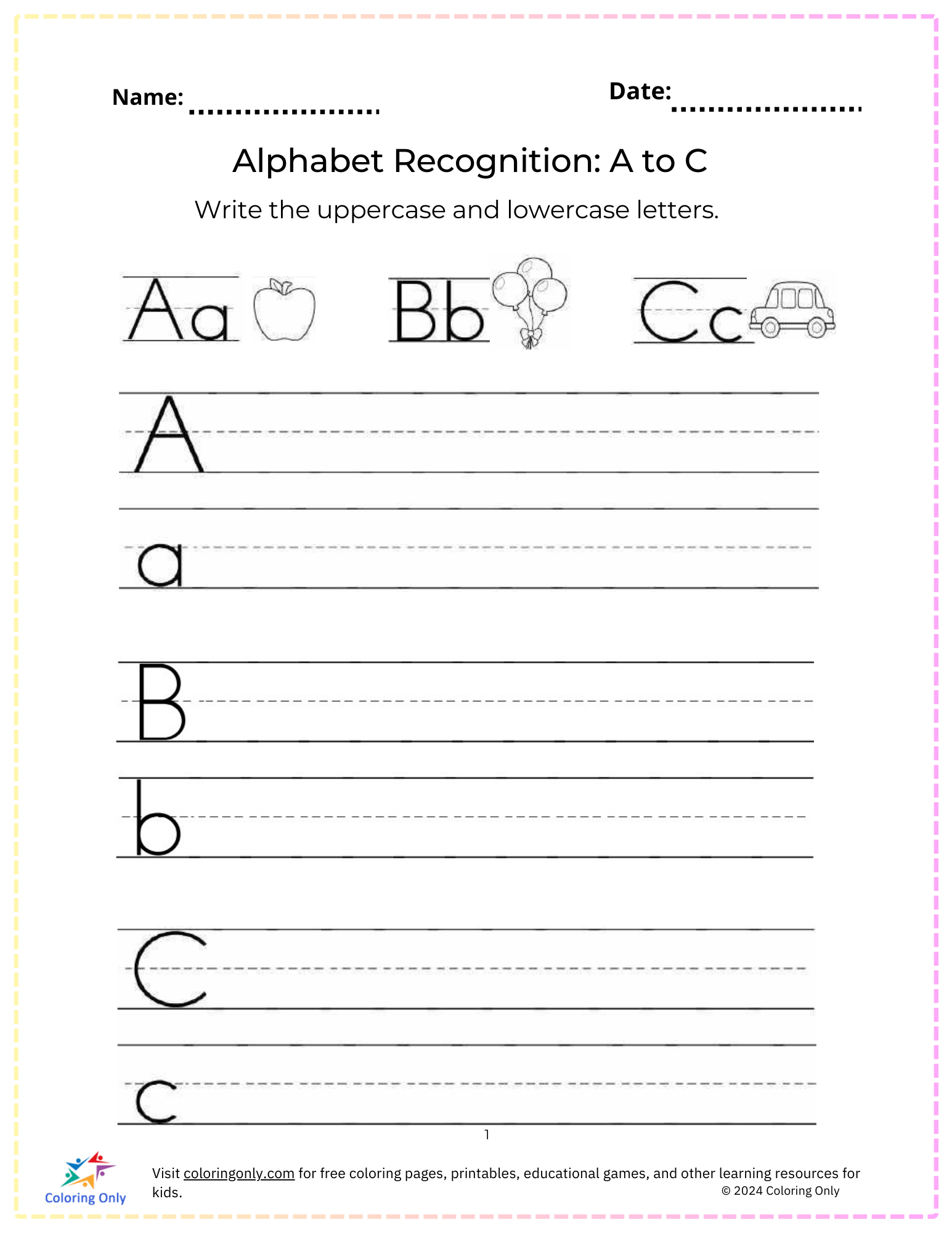 Alphabet Recognition: A to C Free Printable Worksheet