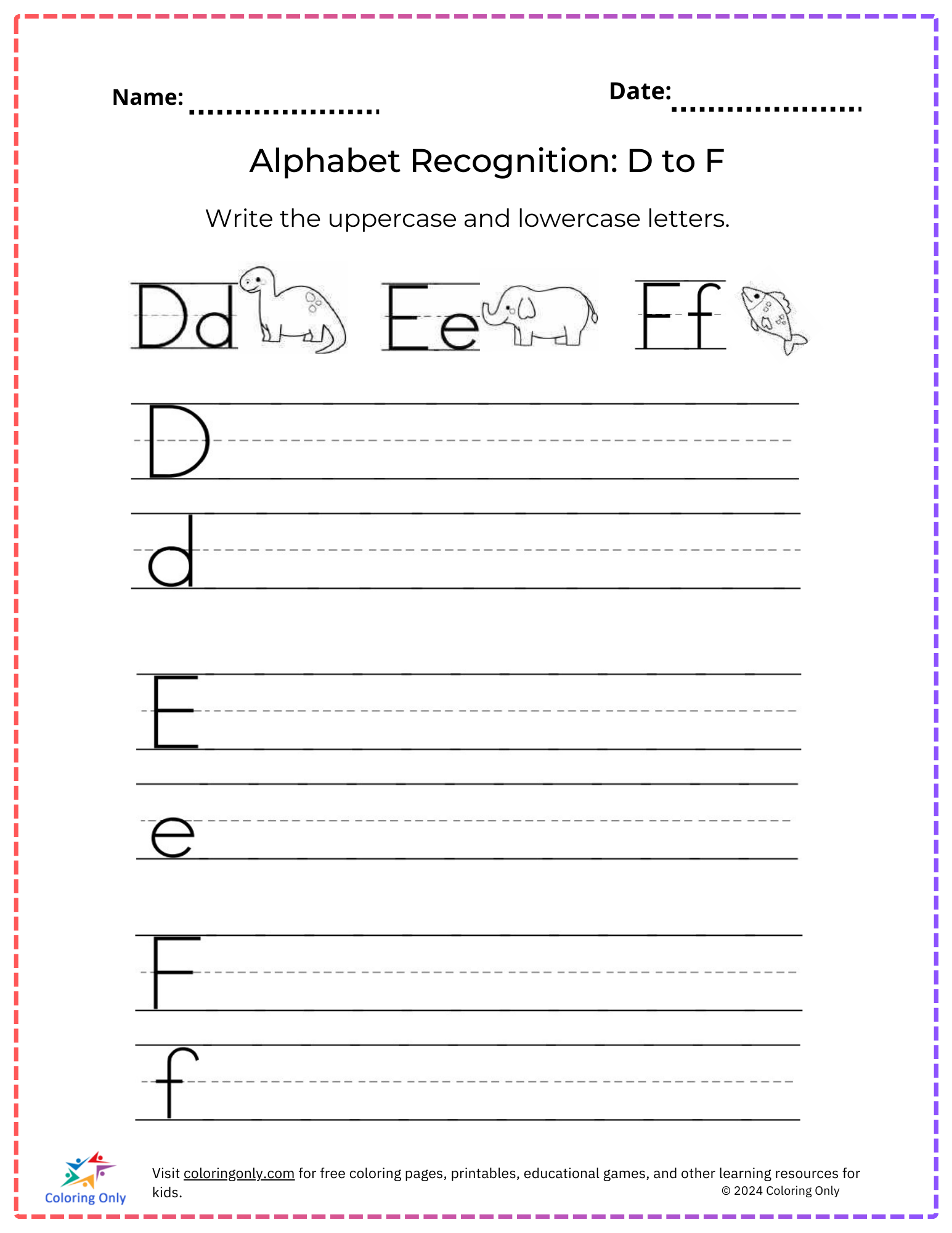 Alphabet Recognition: D to F Free Printable Worksheet
