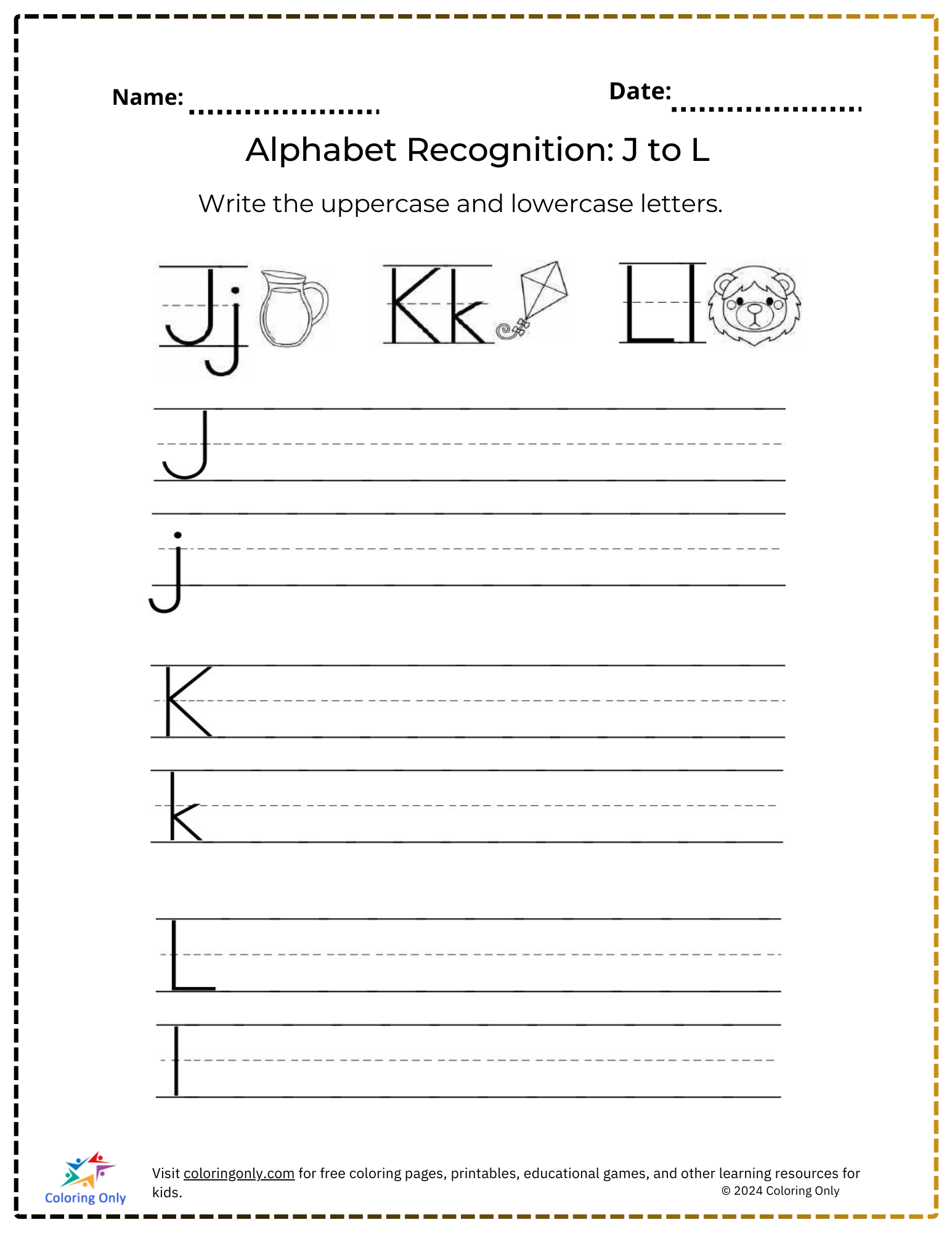 Alphabet Recognition: J to L Free Printable Worksheet